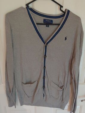 Polo by Ralph Lauren Light Gray Cardigan with Blue Trim
